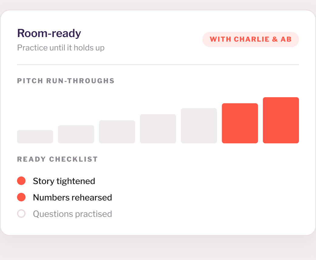Pitch run-throughs building up, with a readiness checklist beneath them.
